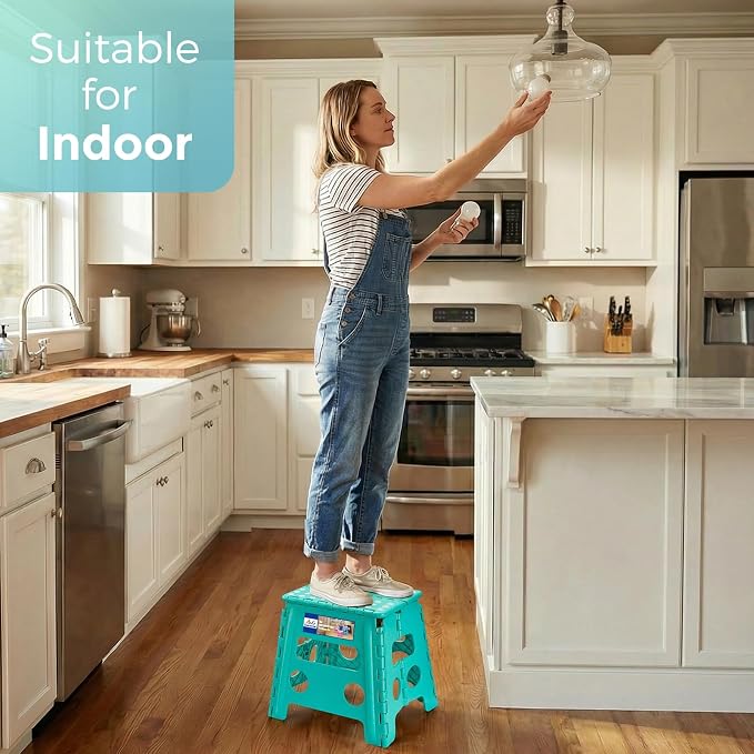 ACKO Folding Step Stool 13 Inch, Sturdy Collapsible Step Stool Foldable Up to 300 lbs for Adults, Non Slip Lightweight Foot Stools with Handle, Ideal for Kitchen, Bathroom, Bedroom, Garden, Teal