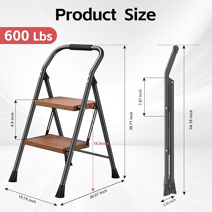 Step Ladder Foldable Folding Stool - for Home Adults Kitchen 2 Stepping Extension Tall Heavy Duty with Handrails - Closet Stepstool Stair Ladders Extendable Stepladder for Indoor House 600Lbs