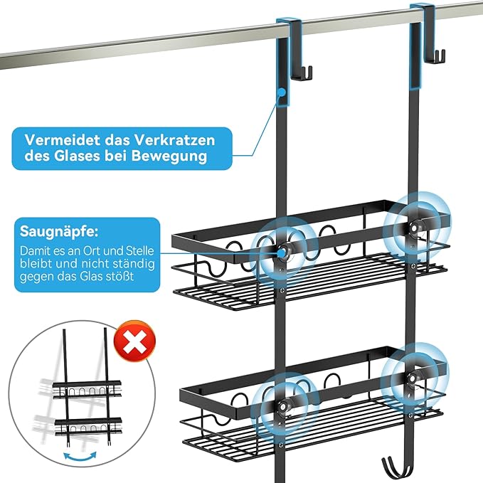 Over the Door Shower Caddy Hanging, Rustproof Hanging Shower Organizer for Glass Door, No Drilling Adjustable Shower Shelves for inside shower with 4+3 Hooks, Suitable for Kitchen/Bathroom/Balcony