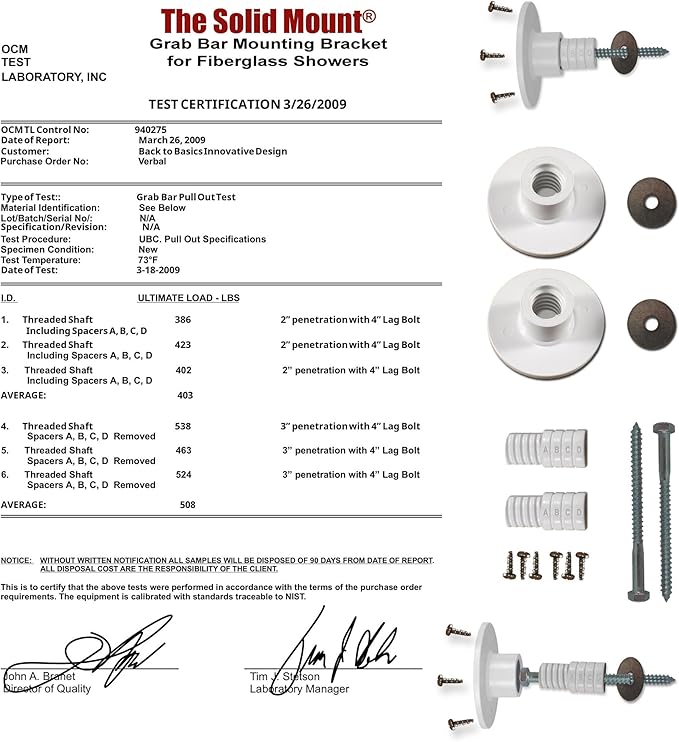 Grab Bar Mounting Kit for Fiberglass Showers - The Solid Mount Made in USA | Anchors directly into a wall stud. One-piece spacer helps prevent rotation and uneven compression. Grab Bar Not Included.