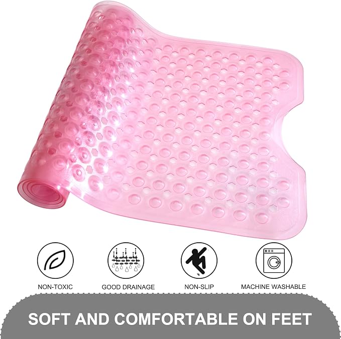 TEESHLY Bath Tub and Shower Mats, Non Slip 40 x 16 Inch Extra Large Bathtub Mat, Machine Washable Bathmat with Drain Holes, Suction Cups for Bathroom Floor, Clear Pink
