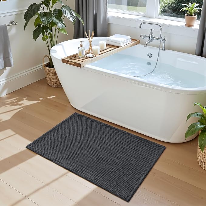 DEXI Bathroom Rugs 36x24, Non Slip Washable Bath Mat, Absorbent Chenille Bathmat, Ultra Soft Thick Carpet for Tub Shower Floor, Dark Grey