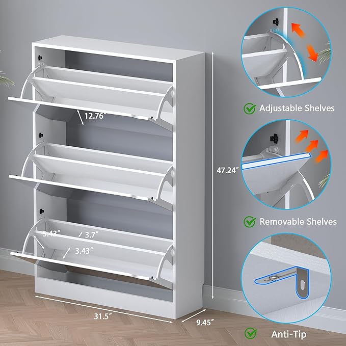 BORNOON Shoe Cabinet with 3-Flip Mirror Drawers, Freestanding Shoe Rack Organizer with Hidden Handle, Slim Narrow Shoe Storage Cabinet for Entryway, Entrance, Hallway, Bedroom