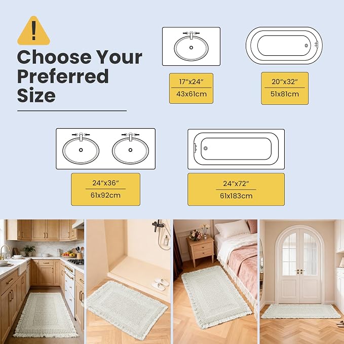 Waffle Bath Mat - Non Slip Bathroom Rugs - Washable Super Absorbent & Quick Dry Bath Mats with Tassels for Hallway Bedroom Laundry Room,17" x 24",Beige White