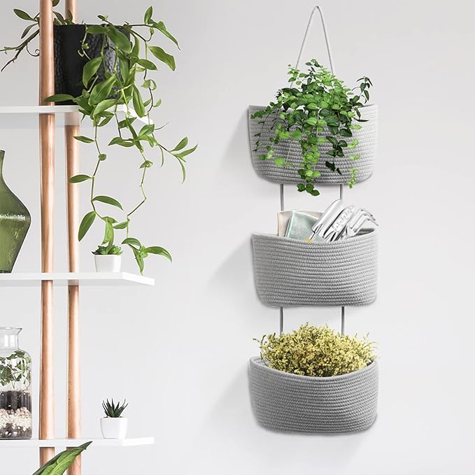 TeoKJ Over the Door Hanging Basket, 3-Tier Woven Cotton Wall-Mounted Storage Organizer Bag Decorative Hanging Nursery Baskets, Gray