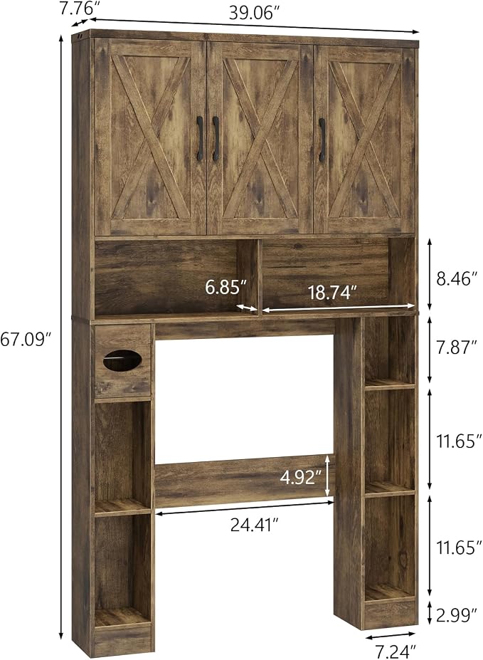 Vabches Over The Toilet Storage Cabinet, Farmhouse Toilet Cabinet Rack with 3 Barn Doors, Space Saving Bathroom Organizer with Shelves, Toilet Paper Holder and Towel Rack for Bathroom,Restroom, Brown
