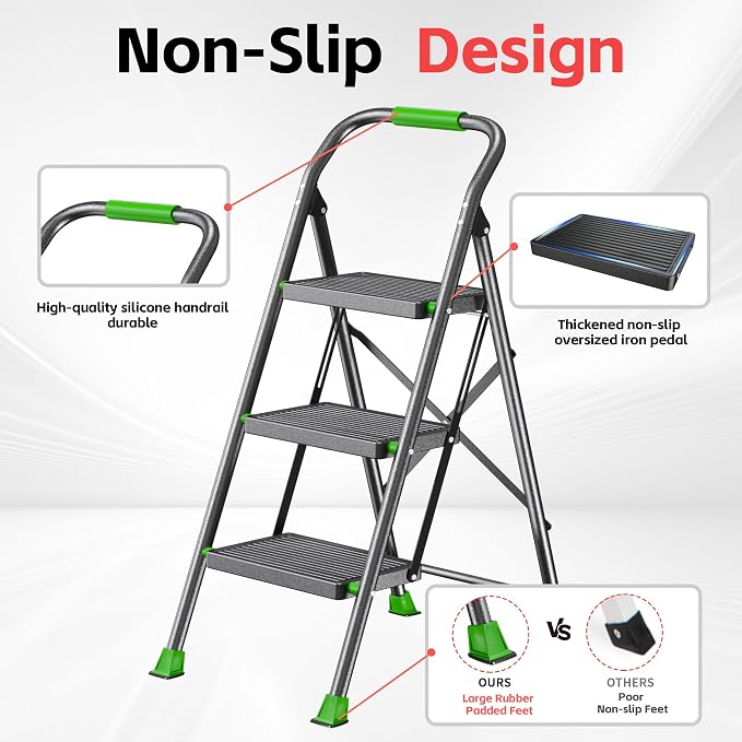 Step Ladder Foldable Folding Stool - for Home Adults Kitchen 3 Stepping Extension Tall Heavy Duty with Handrails - Closet Stepstool Stair Ladders Extendable Stepladder for Indoor House 600Lbs