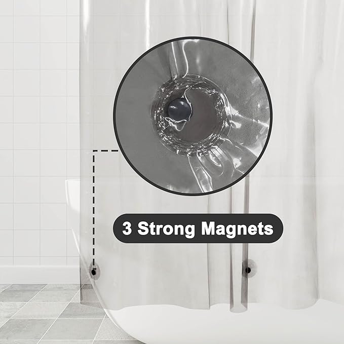 Barossa Design Extra Long Clear Black Shower Curtain Liner with 3 Magnets - 72" x 84" XL, Waterproof PEVA Lightweight Shower Liner for Bathroom, PVC Free, Metal Grommets - Clear Black, 72x84