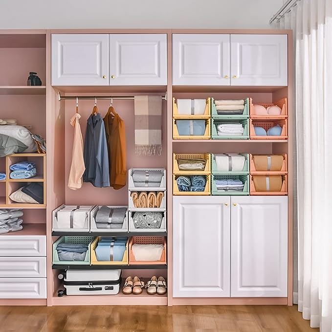 4 Pack Folding Closet Organizers Storage Box, Stackable Storage Bins, Plastic Drawer Basket Closet Storage for Wardrobe Cupboard Kitchen Bathroom Office White-4L