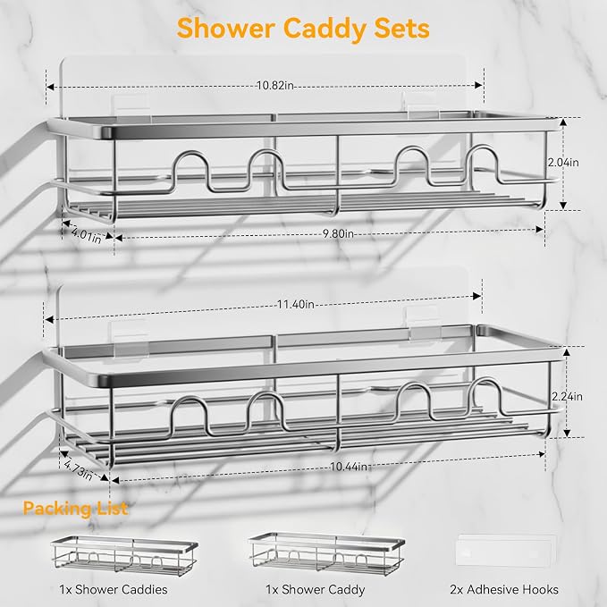 Adhesive Shower Caddy, Large Capacity Shower Racks for Inside Shower, No Drill Bathroom Shower Organizer and Storage, 2 Pack Silver Bathroom Shelves, Home Decor Rv Accessories, Apartment