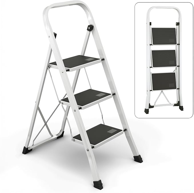 3-Step Ladder with Wide Anti-Slip Platform & Thick Rubber Feet | Heavy Duty Foldable & Portable | 330 lbs Capacity, Steel Frame, Rubber Handgrip, Folding Step Stool