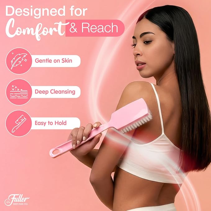 Fuller Brush Bath Brush with Long Handle - 13 Inch Back Scrubber for Shower - Gentle Exfoliating Body Brush for Wet or Dry Brushing - Ergonomic Non-Slip Grip with Hanging Hole – Soft Pink