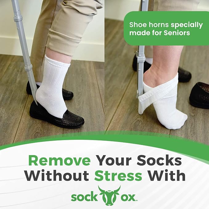 Sock Ox by Easy to Use Products - Adjustable Sock Aid Device for Seniors - Not for Compression Socks - Travel-Friendly for Elderly with Built-in Shoe Horn - Adjustable Up to 36 Inches in Length