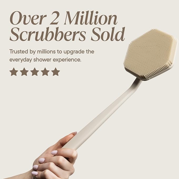 TOOLETRIES Silicone Back Scrubber for Shower, Exfoliating Body & Bath Brush, Long Ergonomic Handle, Non-Slip Grip for Hard-to-Reach Areas, Hygienic Silicone Bath Accessory for Men & Women - Sand