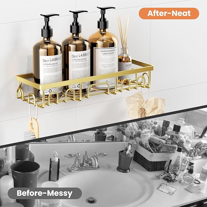 Shower Caddy, 3 Pack Shower Shelves for Inside Bathroom, Rustproof Adhesive Bathroom Organizer with Soap Holder, No Drilling Washroom Organizers and Storage for Bathtub Room/Kitchen/Home, Gold