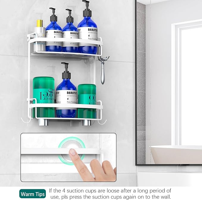 Meangood Shower Caddy Over Shower Head, White Anti-Swing Hanging Shower Caddy with 4 Remove Hooks for Razor, Sponge, Towels Rustproof Shower Organizer for Bathroom