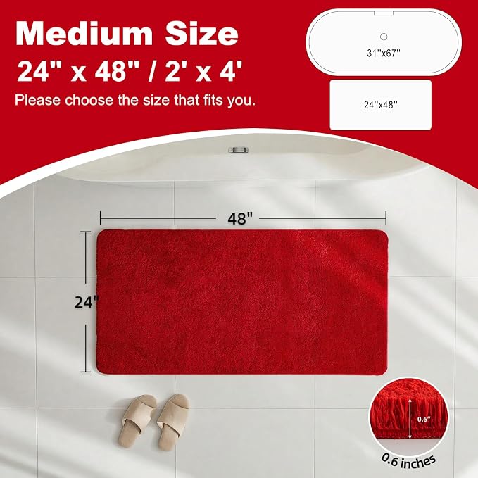TYUU Red Bathroom Rugs, Ultra Soft Bath Rugs Non Slip Washable, Super Absorbent Quick Dry Bath Mat with Rubber Backing for Bathroom Floor, Shower, or Sink, Red 24" x 48"