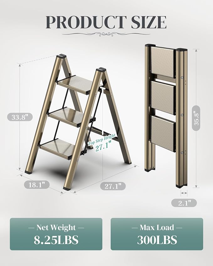 3 Step Ladder, Folding Step Stool with Wider Pedal, Anti-Slip Feet & Non Slip Stripes, Aluminum Sturdy Material, 300Lbs Capacity, Elegant Look of Champagne Gold Better Matches Your Home