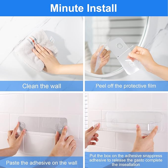 Diesisa Acrylic Wall Mounted Shower Caddy, Clear, Large Size 4D x 12.8" W x 3.3" H, Acrylic Shelf, No Drilling Walls Adhesive Shelf, Bathroom Shelves with Self Adhesive Tape for Bathroom, Kitchen