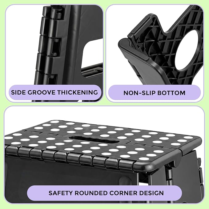 Dyforce Folding Step Stool, 13 Inch Step Stools for Adults and Kids, Compact Foot Stools, Light-Weight Toddler Foldable Step Stool for Kitchen, Bathroom, Holds Up to 300 lbs (Black)