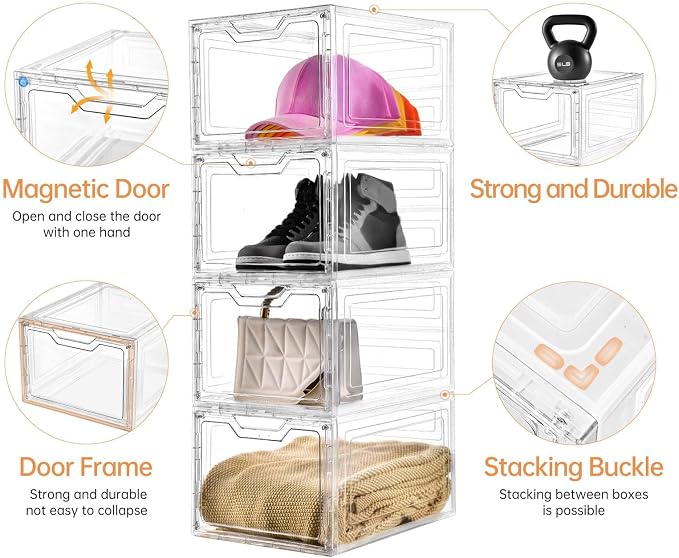 Freebat 10 Pack Closet Organizers and Storage,Clear Stackable Plastic Storage Bins with Lids Magnetic Doors,Clothes Organizers and Storage,Plastic Craft Containers for Wardrobe Kitchen Bathroom Office
