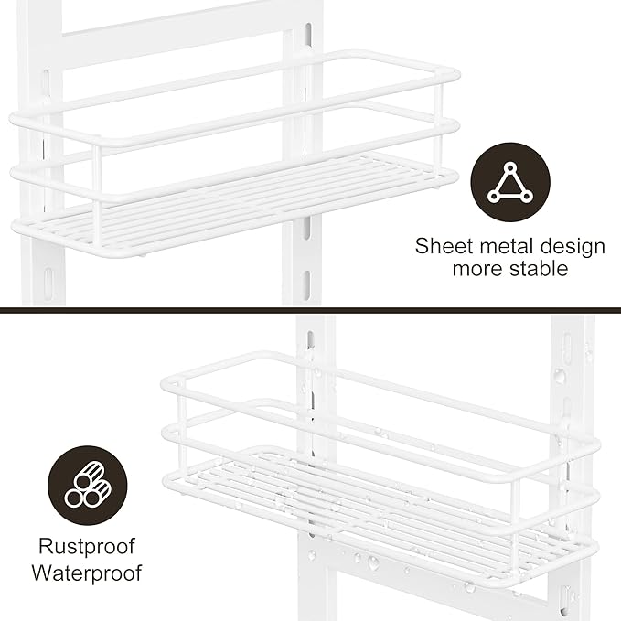 Orimade Adjustable Anti-slip Shower Caddy over Shower Head, Rustproof Bathroom Hanging Shower Organizer with 2 Hooks for Razor, No Drilling Shelves Storage Rack 2 Tier, White