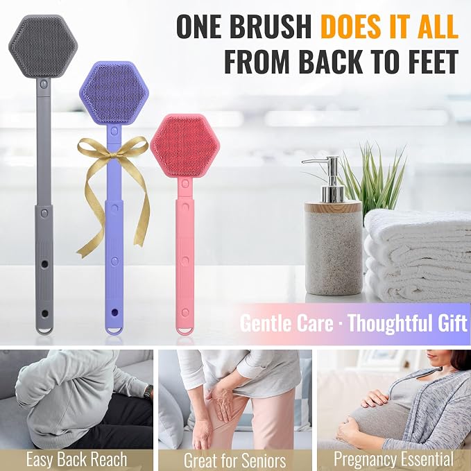 AIMAIAIMAI Silicone Back Scrubber for Shower – 21in Extendable Shower Brush with Long Handle – Dual-Sided Back Brush with Non-Slip Grip, Gentle Cleansing & Exfoliation for Men, Women, Elderly (Purple)