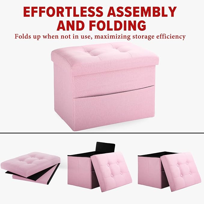 LINMAGCO Storage Ottoman Folding Foot Stool Foot Rest with Side Pocket Modern Ottoman with Storage Short Sofa Stool Linen Cloth 17x13x13(Pink)