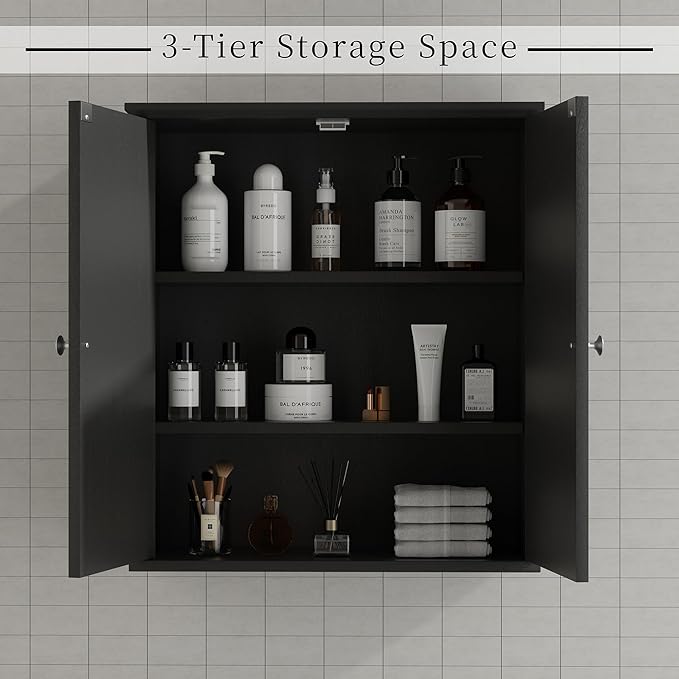 Shintenchi Bathroom Wall Medicine Cabinet with 2 Door, Bathroom Storage Organizer Over The Toilet,Space Saving Storage with 3-Tier Shelves,Solid Black