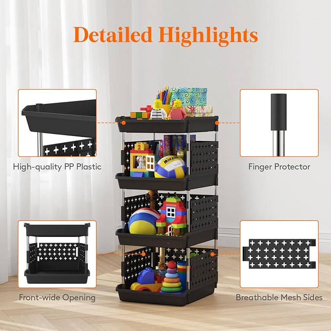 Lifewit Plastic Stackable Storage Baskets, 4 Tier Stacking Bins for Food and Clothes, Multifunctional Organizer for RV, Kitchen, Playroom, Pantry, Black, 35 x 30 x 72 cm/14 x 12 x 28 inch, 1 Pack