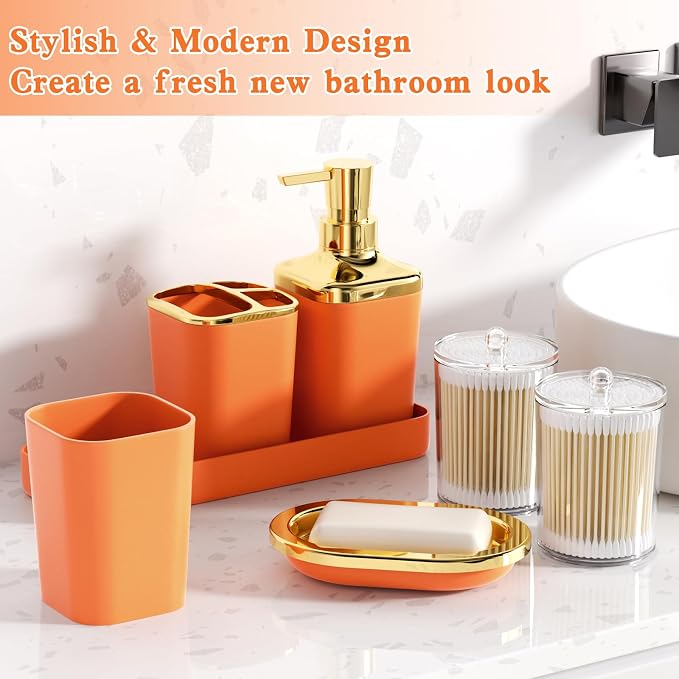XLHOMO Bathroom Set - Orange and Gold Bathroom Accessories, Bathroom Sets with Shower Curtain and Rugs, Orange Shower Curtain Set with Bathroom Trash Can, Soap Dispenser, Soap Dish for Home Decor