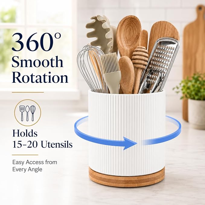 QUELIEN Utensil Holder, 360° Rotating Ceramic Kitchen Utensil Holder for Countertop, 7.7" Utensil Crock for Kitchen Counter with Rotatable Wooden Base,Ideal Housewarming Gift & Mothers Day Gift
