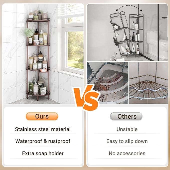 ELYKEN Corner Shower Caddy Standing, 4 Tier Rustproof Metal Shower Organizer with Soap Holder, Floor Shower Corner Shelf Rack Storage Stands with Adjustable Feet & 2 Hooks for Bathroom, Bronze