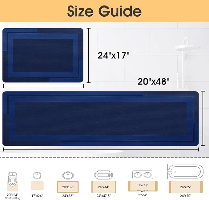 ACCUMTEK Non Slip Bath Mat, Thin Bathroom Rugs Fit Under Door, Quick Dry Bath Mats, Machine Washable Bath Rugs for Bathroom, Bathtub & Kitchen, Dark Blue/Bordered/24 x17+48"x20"