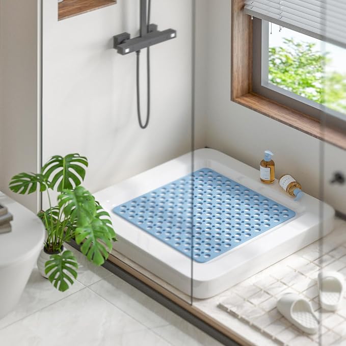 HITSLAM Shower Mat Anti Slip, 21x21 Inch No Odor Soft TPE Bathroom Shower Stall Floor Mat, Square Bath Mat for Tub Non Slip with Suction Cups and Drain Holes, Machine Washable, Soft on Feet, Blue