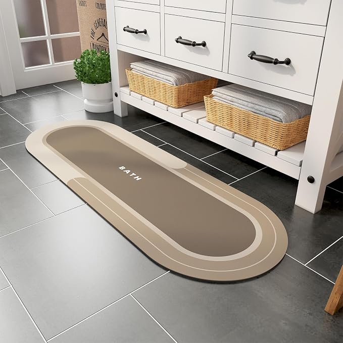 MontVoo Bath Mat Runner - Long Non Slip Absorbent Quick Dry Thin Bath Rug for Bathroom Floor Mat - Rubber Backed - Stain Resistant - Easy Care - Beige 17"x50"