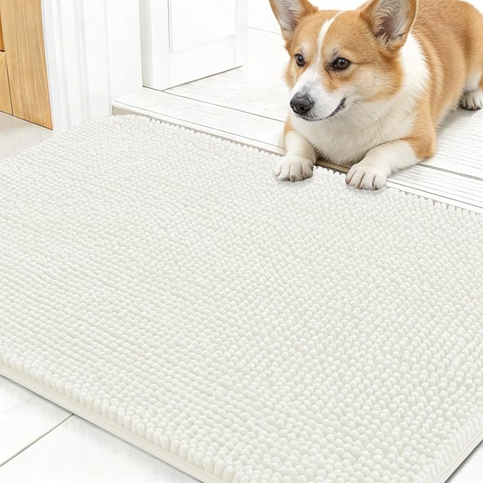 OLANLY Dog Door Mat for Muddy Paws 24x16, Absorbs Moisture and Dirt, Absorbent Non-Slip Washable Doormat, Quick Dry Chenille Mud Mat for Dogs, Entry Indoor Entryway Carpet for Inside Floor, Ivory