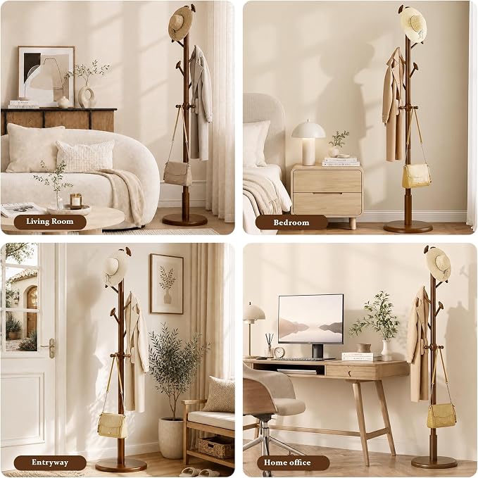 Taitiy Solid Wood Coat Rack Freestanding Coat Tree with 10 Hooks for Bedroom, Livingroom, Entryway, Sturdy Coat Hanger Stand for Hats, Coats, Scarves, Handbags, Purses