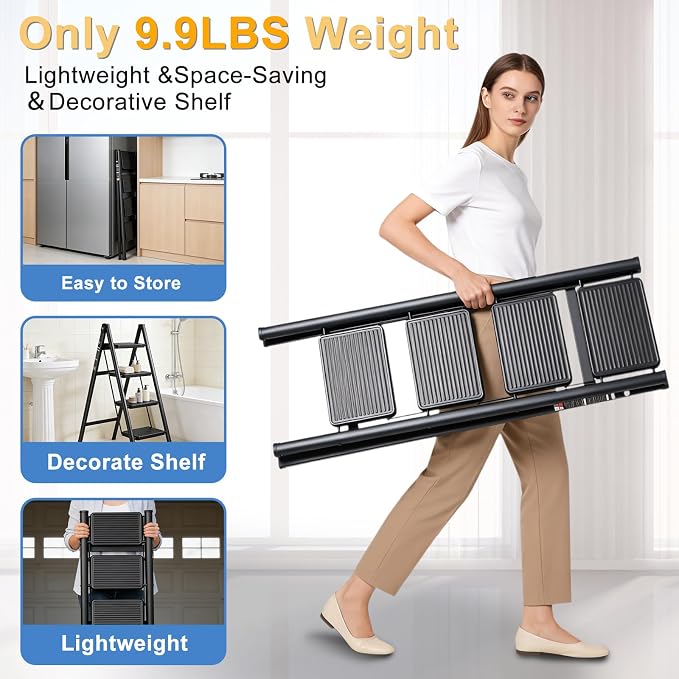 4 Step Ladder Folding Step Stool with 500LBS Capacity Sturdy Carbon Steel Frame Anti-Slip Thick Pedal & Feet Portable for Home Kitchen Garage (black-4step)