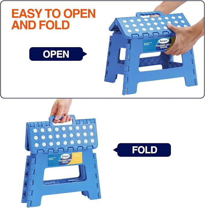 Korpai 9" Folding Step Stool for Adults and Kids Holds Up to 300 lbs,Non-Slip Folding Stools with Portable Handle, Compact Plastic Foldable Step Stool for Bathroom,Bedroom, Kitchen,Sky Blue,1PC