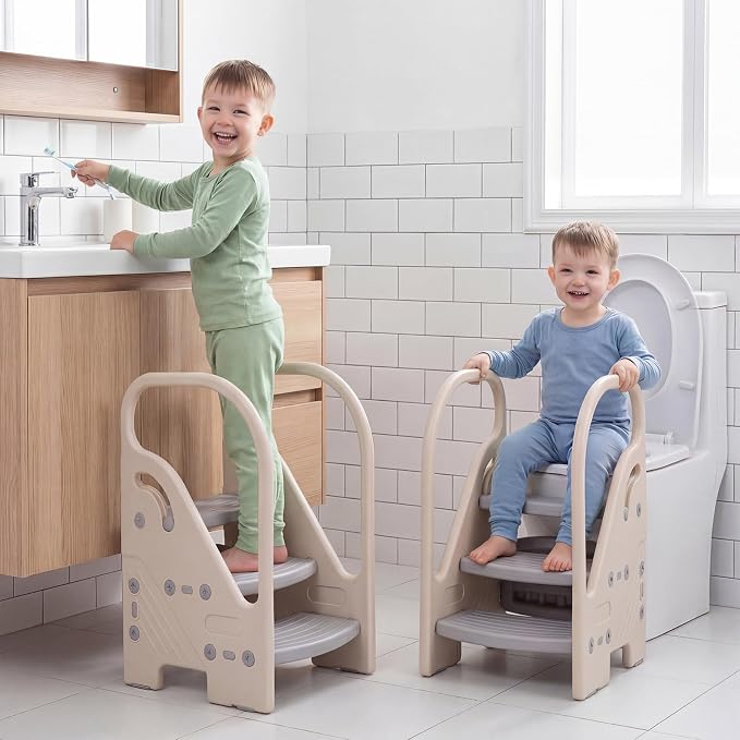 Costzon Toddler Step Stool for Bathroom Sink, Adjustable 3-Step Helper Stool for Kids with Non-Slip Pads, Plastic Ladder for Bedroom Kitchen Counter Potty Training (Grey, 17.5" L x 17" W x 27.5" H)