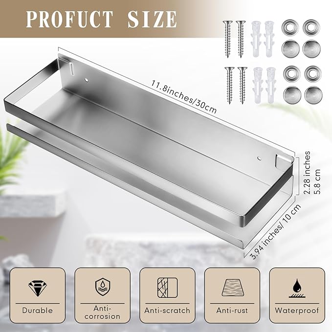 Lallisa 2 Pieces Stainless Steel Shelf Bathroom Shower Floating Shelves Wall Mounted Shower Caddy Basket Shelf Storage Organizer Shelves for Bathroom, Kitchen, Living Room(11.81 Inch/ 30 cm,Silver)