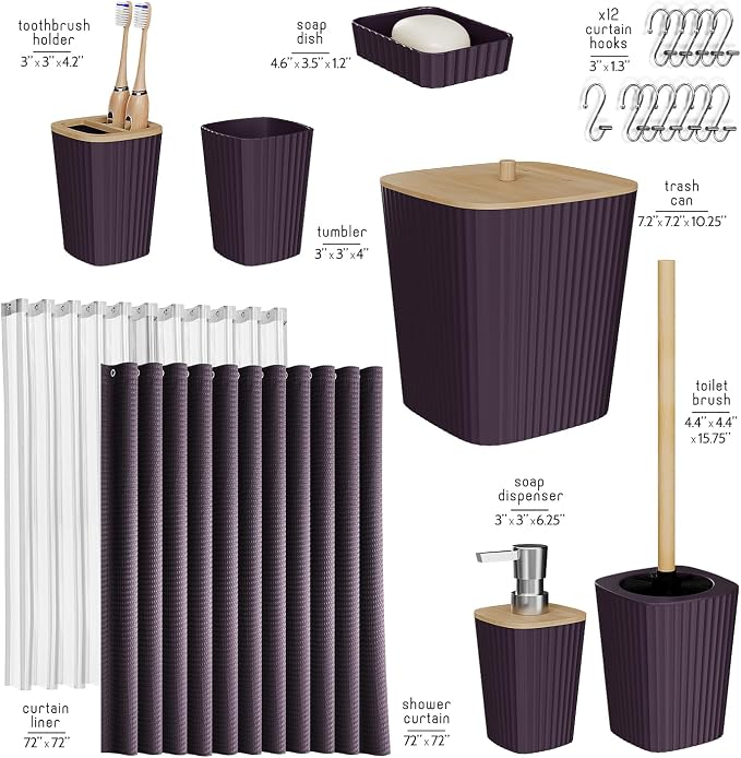 Clara Clark Bathroom Accessories Set - Bathroom Set, Bathroom Accessory Set, Shower Curtain Set, Toilet Brush, Trash Can & Soap Dispenser - Purple - 20PC