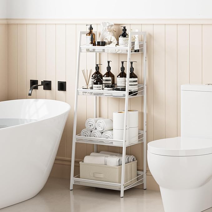 Masupu 4 Tier Bathroom Shelf, Bathroom Organizer and Storage for Small Space, Free-Standing Metal Rack Shelves Waterproof for Kitchen, Bathroom, Laundry, Toilet, White