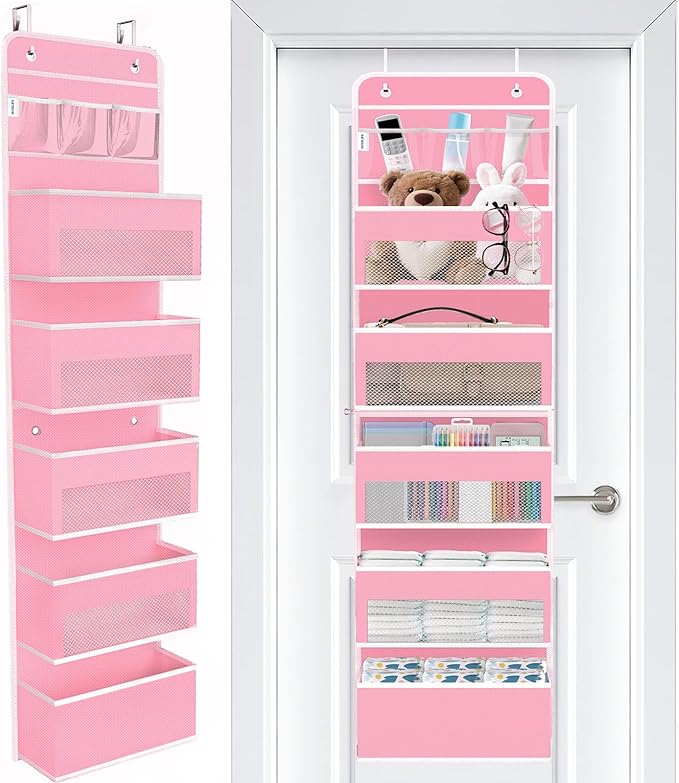 WISELIFE Over the Door Organizer - 6 Shelves Detachable Hanging Bedroom Storage Solution with 5 Large Pockets and 3 PVC Pockets for Dorm Bathroom, Pantry Nursery Baby Essentials (Pink)