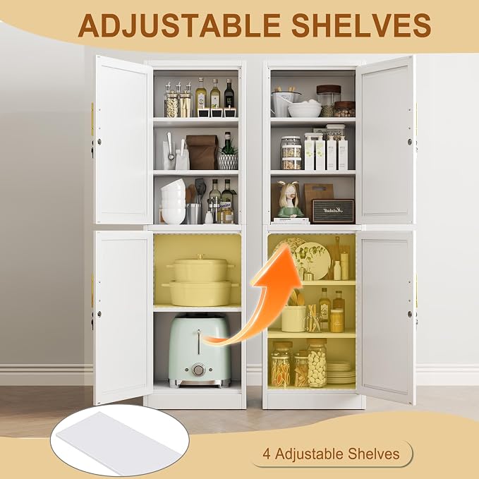 Tall Metal Narrow Bathroom Storage Locker Cabinet 67" H, Tall White Pantry Cabinets with 4 Adjustable Shelves and 2 Lockable Doors for Kitchen, Home Office, Living Room, Dining Room