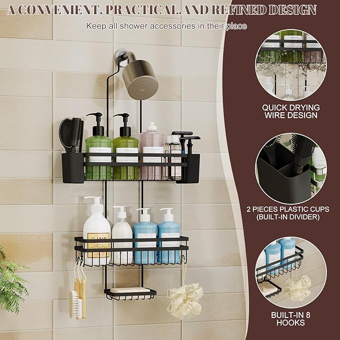 Shower Caddy Hanging for Bathroom Organizers and Storage,3 Tier Adjustable Anti-Swing Shower Organizer Hanging with Heavy-Duty Suction Cups, Damage-Free Rustproof (Black)