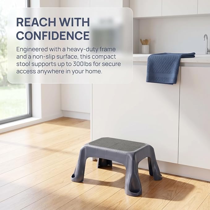 Heavy Duty Plastic Step Stool - 300lb Capacity, Non-Slip Textured Tread - Compact 1-Step Design for Kitchen, Bathroom & Garage - Stable Wide Base (Gray)