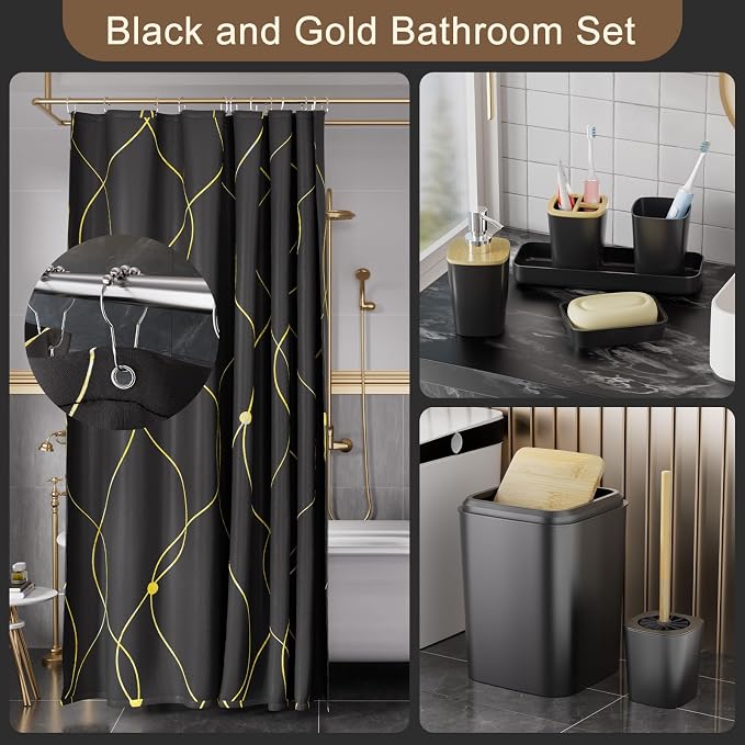 XLHOMO Black and Gold Bathroom Accessories Set - 24PCS with Shower Curtain, Rugs, and Waterproof Curtain Set