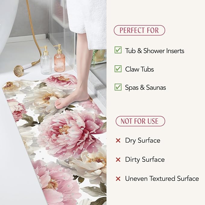 SHUCHING Vintage Peony Flower Bath Mat for Tub Non Slip-40 X 16Inch, Bathtub Mat Anti Slip for Women, Extra Long Shower Mat for Bathroom Mold Free, Machine Washable